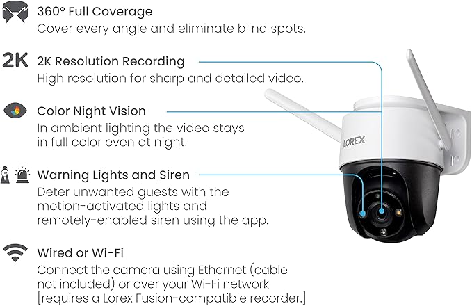 Lorex 2K Pan-Tilt Outdoor WiFi Security Camera | 360° View | Auto-Tracking | Color Night Vision | Person Detection | Warning Light & Siren | IP66 Weatherproof | 32GB MicroSD Included | No Monthly Fee