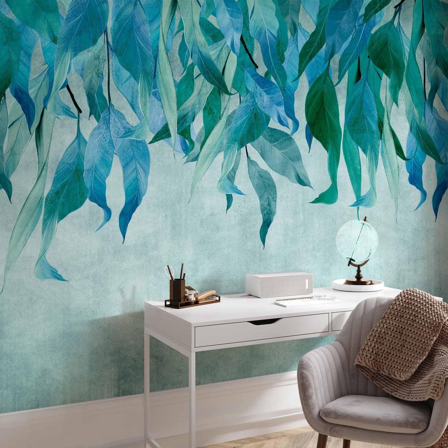 artgeist Premium Wall Mural Hanging Leaves 79x55 in - Non-Woven Wallpaper Fleece Wall Decor Photo Print Picture Image Design Nature Botanical Concrete Green Blue b-C-10146-a-b