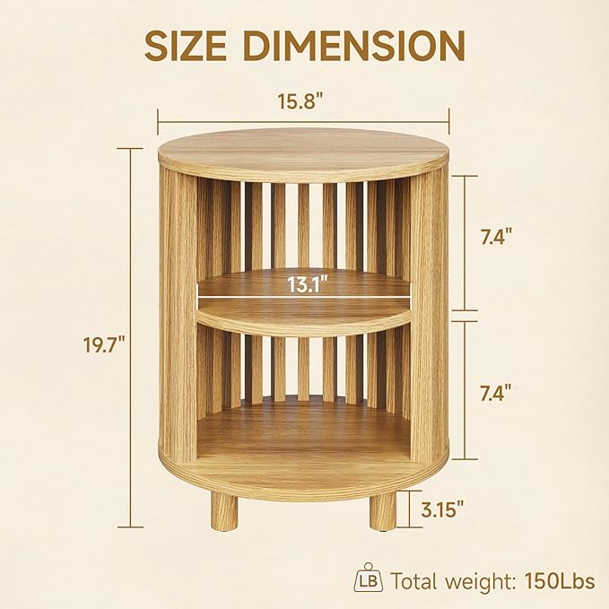 Round End Table, Wood Bedside Table, Mid Century Modern Nightstand with Open Storage Shelf, 3 Tier Small Side Tables for Living Room, Bedroom, Curved Profile Design, Natural Oak(2-Pack)