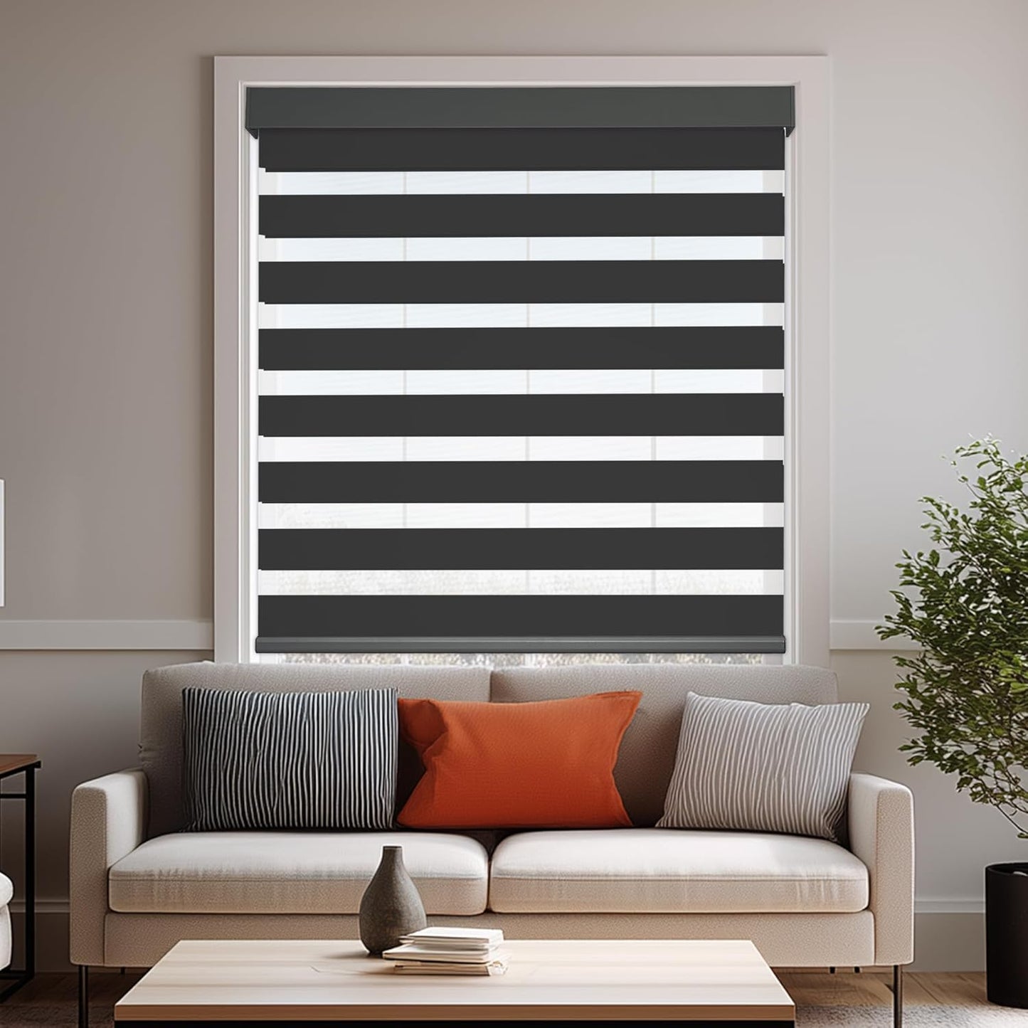 HESTIA Cordless Zebra Blinds Light Filtering Roller Shades UV Blocking Blackout Privacy Indoor Window Shades for Home Office Day and Night, Black,43" W x 54" H