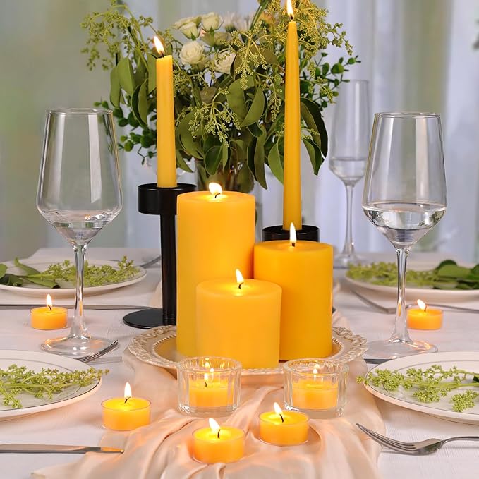 Pure Beeswax Candles Set, 3pcs Pillar|6pcs Taper|24pcs Tealight Candles-345 Hour Long Burning, 100% Natural Organic Beeswax Candles Gift Set for Women, Dripless Smokeless Candle Bulk for Home