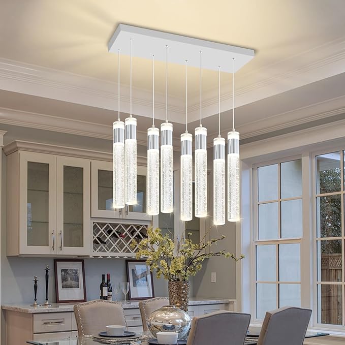 8-Lights Silver Hanging Pendant Light for Kitchen Island Modern Dimmable LED Crystal Chandeliers for Dining Room Bedroom Living Room Over Table Adjustable Height