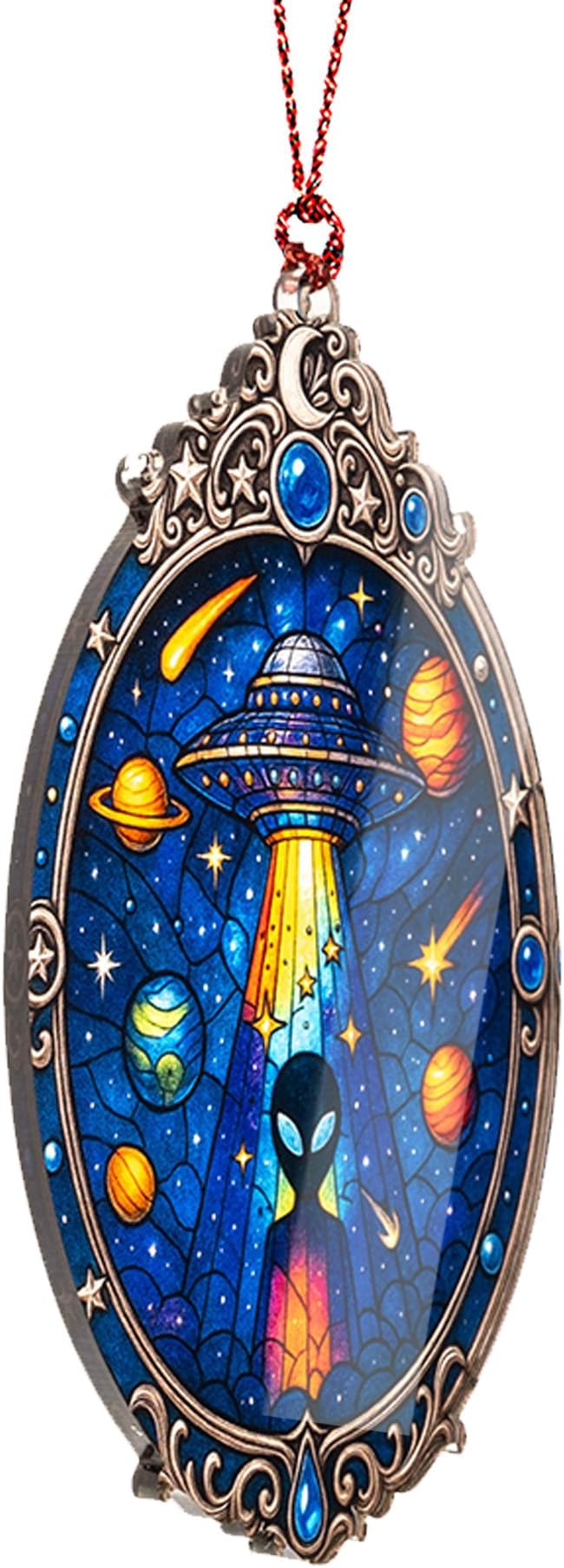 Alien Ornament – UFO Decor | Galaxy Ornament + Sci Fi Keepsake – Space Lover Gift – Alien Christmas Ornament – Suncatcher Effect Stained Glass Window Hanging – Car Hanging Decoration