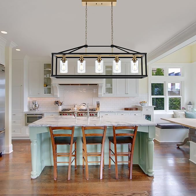 BONLICHT Rectangle 5 Lights Black Modern Dining Room Lighting Fixtures Hanging Over Table, Industrial Brushed Brass Chandeliers Farmhouse Kitchen Island Linear Pendant Light Ceiling with Clear Glass