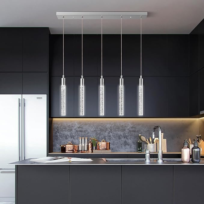 Kitchen Island Lighting Modern Light Fixture Chrome Pendant Light Dimmable LED Chrome Finish Mini Crystal Pendant Lights for Dining Room Living Room（5-Light）