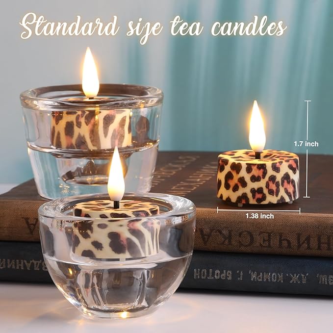 Eywamage Leopard Flameless Tealights with Remote Batteries, Flickering Cheetah LED Tea Votive Candles Christmas Gift Set of 12
