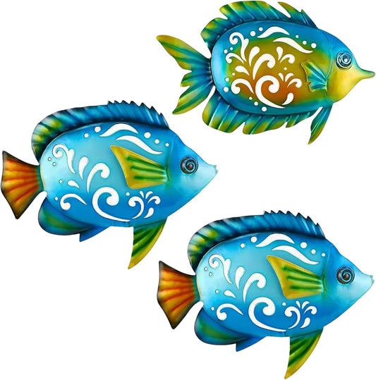 Metal Fish Wall Decor Coastal Ocean Sea Hanging Decorations Metal Fish Art Outdoor Wall Sculptures Garden Patio Fence Pool Decor