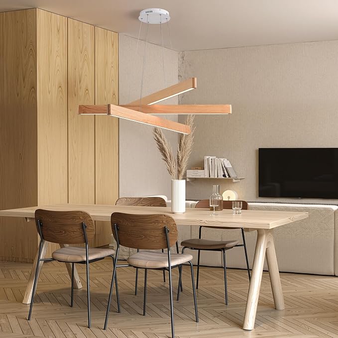 3-Light Solid Wood Natural Linear Pendant Light Modern LED Pendant Light Dimmable Chandelier for Dining Room Table Kitchen Island Living Room Ceiling - 45W Warm Light Adjustable Hanging Fixture