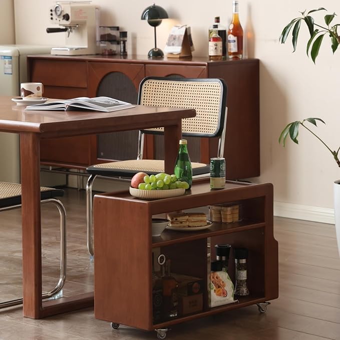 Solid Wood Side Table with Wheels, Narrow Side Table with Storage, Rolling Bedside Table for Bedroom Living Room Dining Room(Teak, 27.95" D x 11.42" W x 19.88" H)