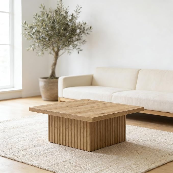 35.5" Fluted Square Coffee Table Natural Oak Finish – Modern Organic Ribbed Wood Centerpiece – Sturdy Low Profile Plinth Design for Living Room