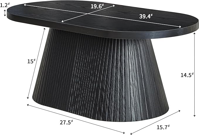 Fluted Coffee Table with Sturdy Tapered Base, Wood Oval Small Coffee Table, Mid Century Modern Center Table for Living Room Office (Black)
