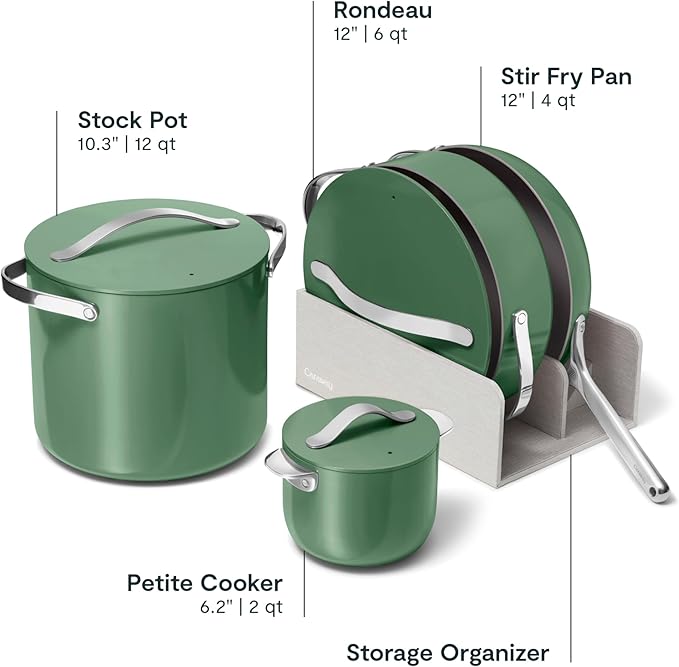 Caraway Cookware+ Collection - Specialty Cookware Set - Petite Cooker, Stir Fry Pan, Rondeau, & Stock Pot - 3 Lids & Storage Organizer Included - Sage