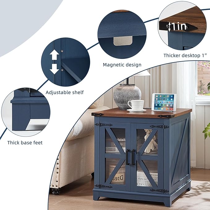 Farmhouse End Table,24" Large Sofa Side Table with Charging Station Glass Barn Door,Wood Nightstand with Adjustable Storage Shelf,Square Bedside Table for Living Room,Bedroom,Office-Blue
