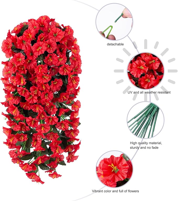 Artificial Fake Hanging Flowers Plants for Outdoor Outside Winter Christmas Decoration, 2PCS Faux Silk UV Resistant Look Real Red Morning Glory Trailing Vines for Home Wedding Party Garden Patio Porch