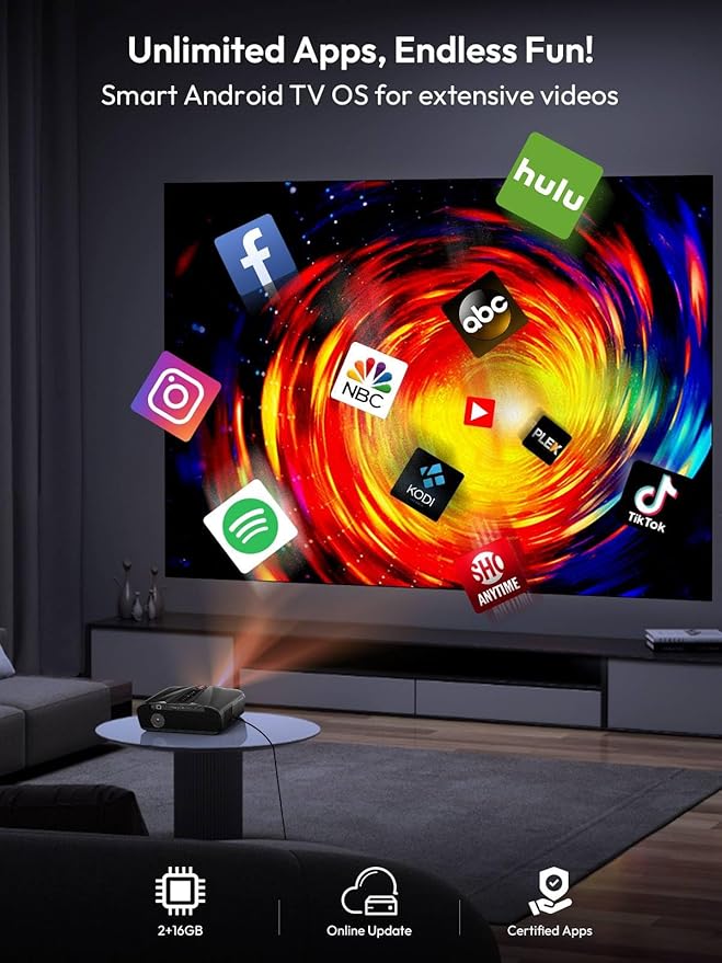 Smart Daylight Projector 2300 ANSI Lumen with WIFI6 Android TV & Auto Focus, 4K Support Home Theater Proyector Indoor Outdoor Movie Gaming Karaoke, Bluetooth 5.2 DSP Speaker Ceiling HDMI/USB/Phone/PC