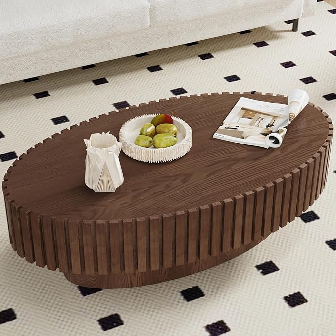 43.3” Oval Coffee Table Modern Fluted Coffee Table Handcrafted Relief Center Table with Sturdy Pedestal Mid Century Modern Center Table Tea Table for Living Room Apartment (Dark Brown)