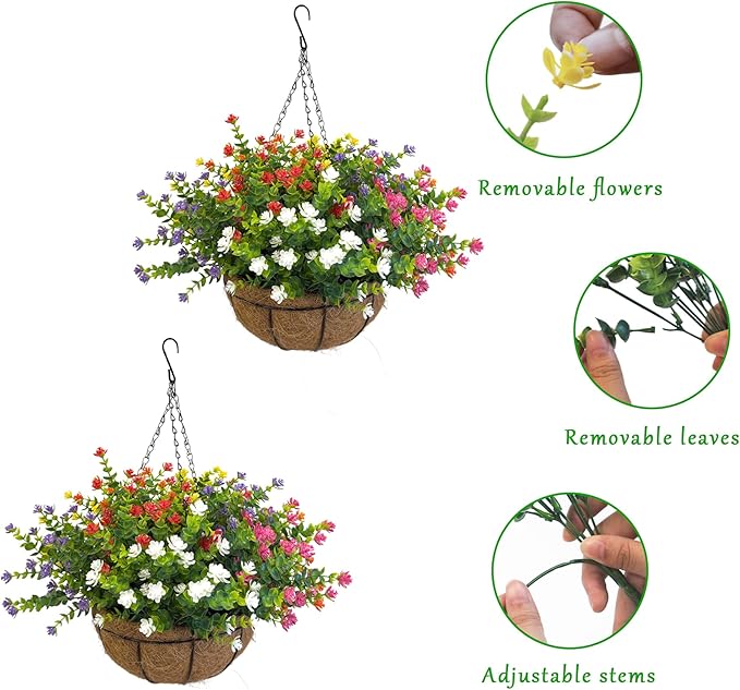 Artificial Hanging Plants Flowers with Basket 2 Packs, Artificial Hanging Flowers for Outdoors, Faux Hanging Plants Outdoor, Yellow+Purple+White+Orange+Pink+Red