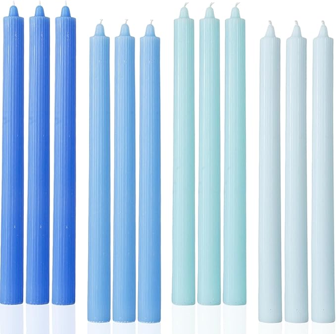 Blue Taper Candles 10.5 inch Ribbed Tapered Candles Ideal as Dinner Candle Smokeless Driples Unscented Candlesticks Long Burning,Set of 12