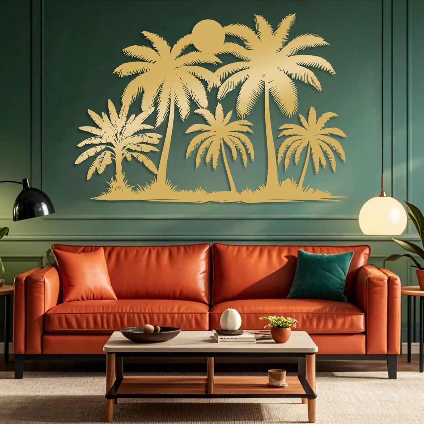 Tuglona Metal Palm Tree with Sunset Wall Decor, Tropical Palm Tree Metal Wall Art, Tropical Wall Decor, Sun Wall Art, Beach Wall Decoration, Coastal Trees Wall Hanging (Gold, 53"x37"/135x93cm)