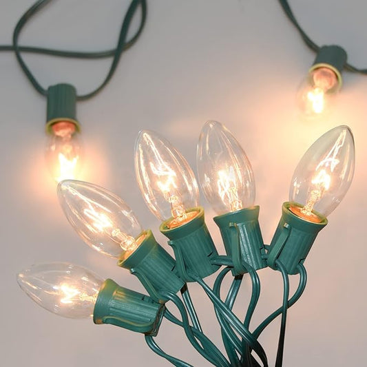 C9 Clear Vintage Outdoor String Lights with 26 C9 Clear Glass Bulbs, 25Ft Hanging Roofline Lights for Outdoor Christmas Tree Party Backyard Wedding Decor - Green