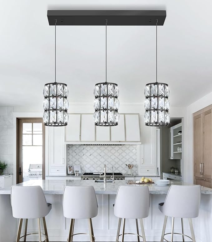 3-Lights Rectangle Modern Crystal Pendant Lights for Kitchen Island LED Dimmable Glam Pendant Lighting Chandelier for Dining Room Hallway Corner Lamp Black