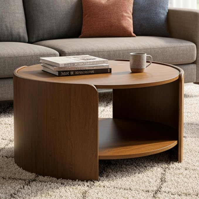 DUOMAY Wood Coffee Table, 31.5" Round Coffee Table with Storage Shelf Mid Century Modern Center Table for Living Room Apartment, Walnut Color