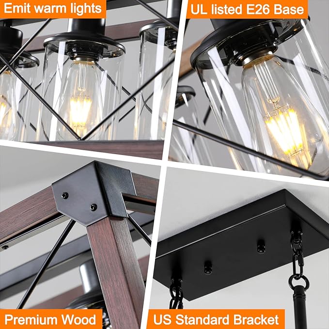 Rustic Hanging Lights Fixture Farmhouse Chandeliers for Dining Room Kitchen Island Light Fixtures 5-Light Wood Chandelier Over Dining Table with Clear Glass Shade-Walnut