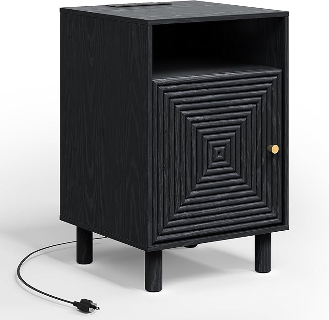 RoyalCraft Nightstand with Charging Station, Modern Side Table with Door, Accent End Table with Solid Wood Legs, Bedside Table for Bedroom, Entryway, Black