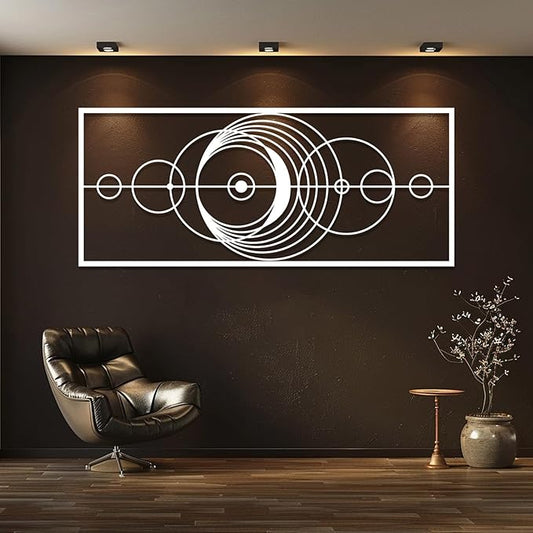 Hfrolixit Abstract Geometric Metal Wall Art, Circle Metal Wall Decor, Round Wall Decor, Mid Century Modern Wall Art, Large Boho Geometric Wall Hanging, Luxury Wall Hanging (White, 35"x15"/90x38cm)