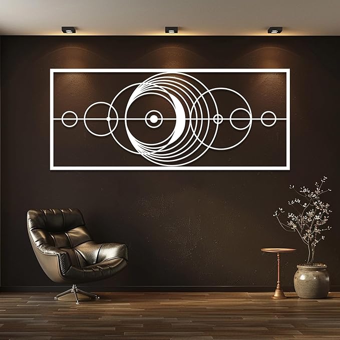 Hfrolixit Abstract Geometric Metal Wall Art, Circle Metal Wall Decor, Round Wall Decor, Mid Century Modern Wall Art, Large Boho Geometric Wall Hanging, Luxury Wall Hanging (Black, 19"x8"/47x20cm)