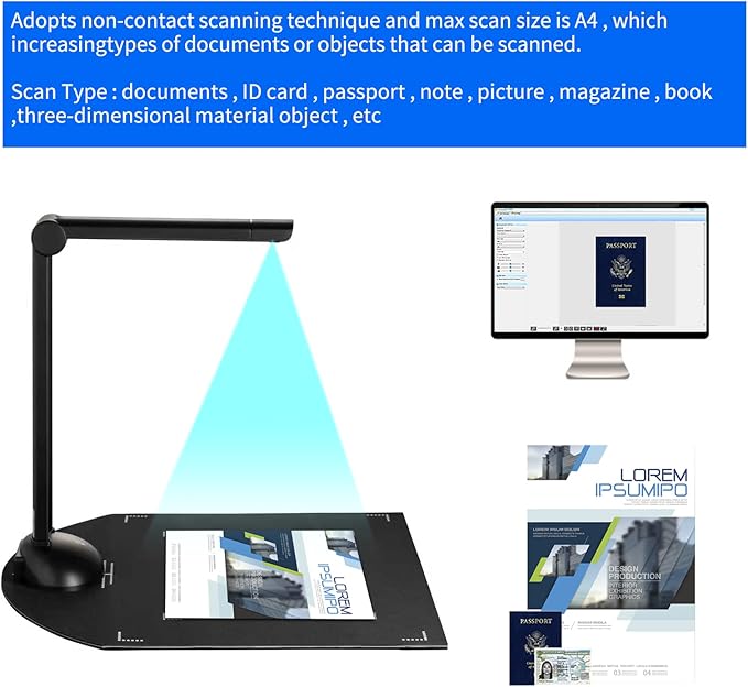 Document Book Camera Scanner High Definition USB Port LED Light OCR Function Compatible with Windows for Classroom Office Library Bank Meeting Plastic Aluminum Alloy (H3)