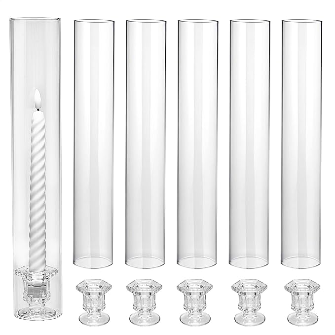 CHILL RECIPE Glass Hurricane Candlestick Holders Clear 14" Tall Cylinder Candle Holder Chimney Tube, Taper Crystal Candle Stick Holder for Birthday Wedding Christmas Home Decor(6Pcs Diamond)