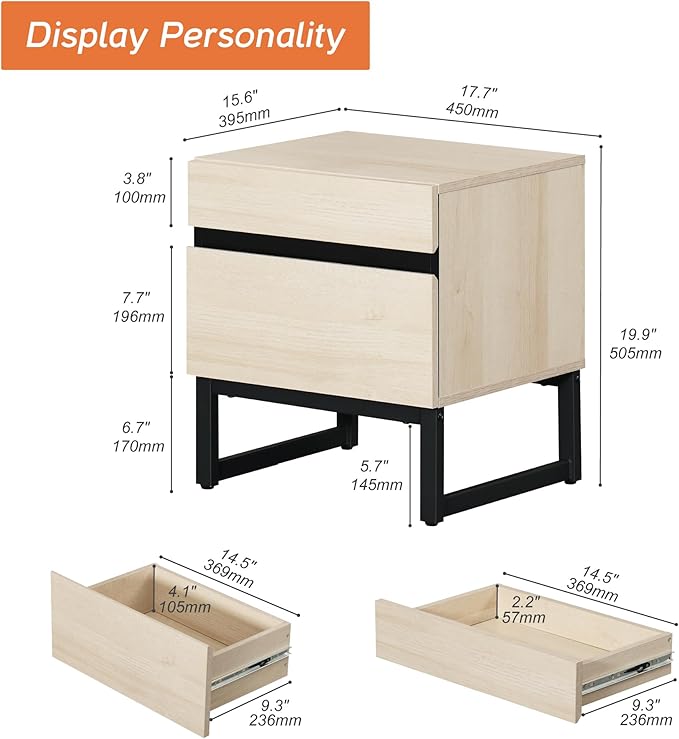 WAMPAT Modern End Table with 2 Drawers, Farmhouse Sofa Table Featuring Black Square Iron Legs, Rustic Wood Side Table for Living Room or Nightstand for Bedroom, Light Oak