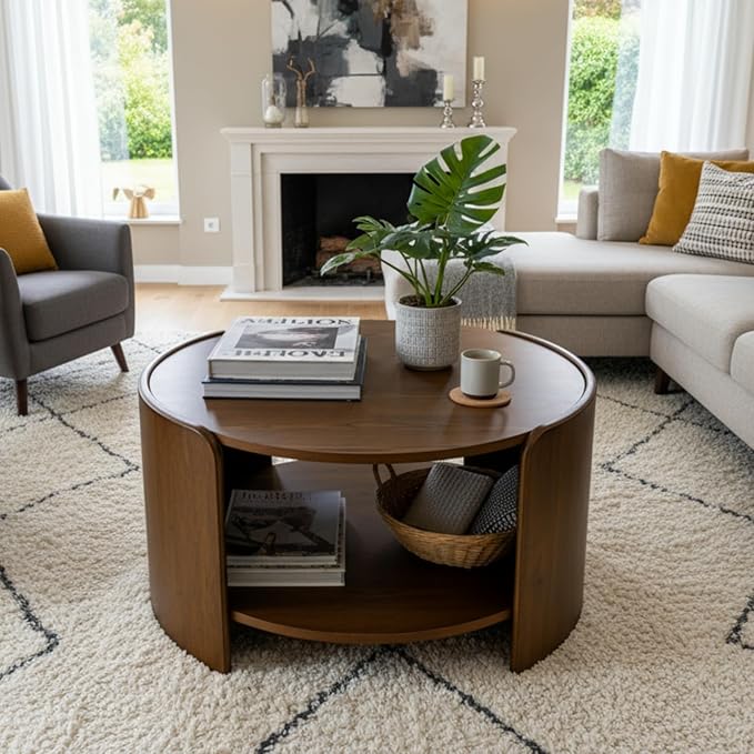 DUOMAY Wood Coffee Table, 31.5" Round Coffee Table with Storage Shelf Mid Century Modern Center Table for Living Room Apartment, Walnut Color