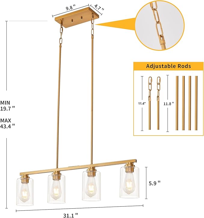 Island Light for Kitchen, Brushed Gold Dining Room Light Fixture Over Table, 4-Light Linear Chandelier Pendant Lighting for Dining Table Kitchen Island Living Room