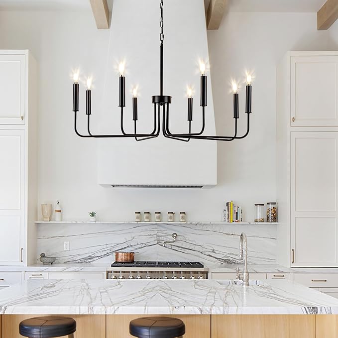 Farmhouse Candle Chandelier, 8 Light Rustic Black Ceiling Pendant Light Fixture, L-Arm Design Industrial Dining Room Hanging Lighting for Living Room, Entryway, Foyer, Kitchen Island