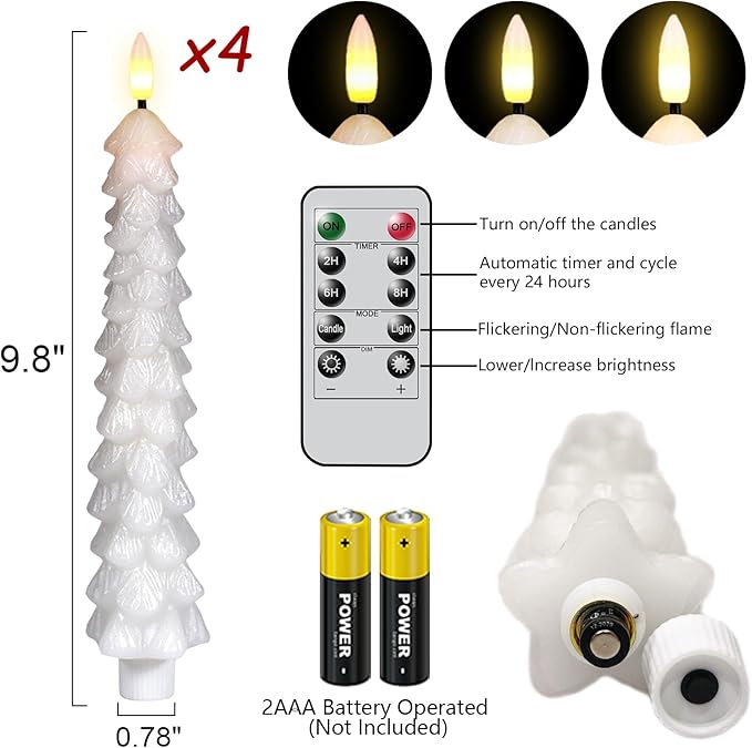Christmas Tree Candles with Remote Timer, 4 Pcs Waxy Flameless Taper Candles Flickering, Battery Operated LED Candlesticks with 3D Flame Wick, White Window Candle for Christmas Decorations