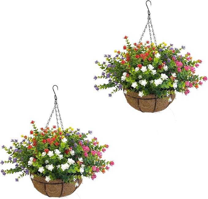 Artificial Hanging Plants Flowers with Basket 2 Packs, Artificial Hanging Flowers for Outdoors, Faux Hanging Plants Outdoor, Yellow+Purple+White+Orange+Pink+Red