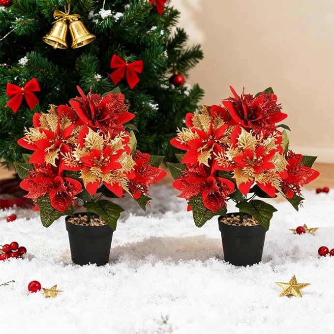 Poinsettia Artificial Christmas Flowers in Pot 7 Heads, 2PCS 13.8 Inch Fake Poinsettias Plants for Home Porch Office Indoor Outdoor Christmas Winter Decorations