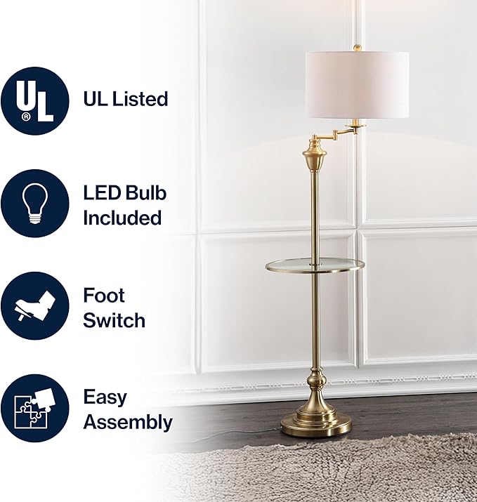 JONATHAN Y JYL3055A Cora 60" Metal/Glass LED Side Table and Floor Lamp Contemporary,Transitional for Bedrooms, Living Room, Office, Reading, Brass