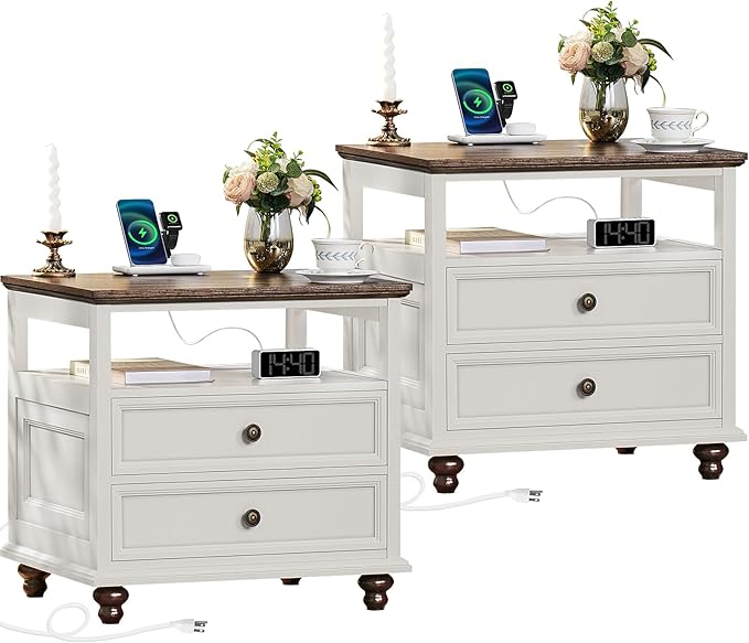 Farmhouse Nightstand Set of 2 with Charging Station, 24" Wide End Table with 2 Drawers,Dresser for Bedroom,Bed Side Table Chest of Drawers Cabinet,Wood White Night Stand for Living Room