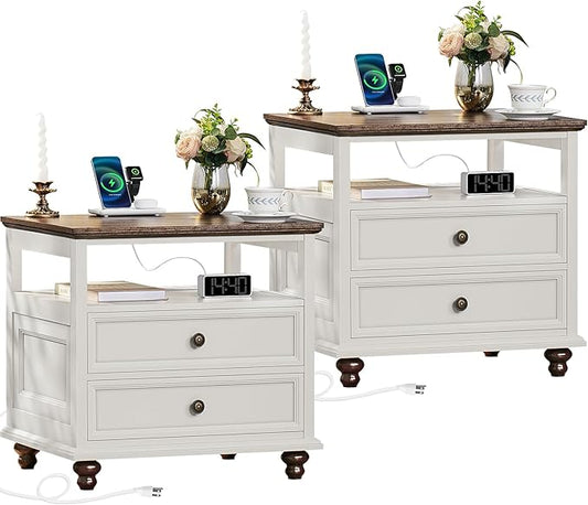 Farmhouse Nightstand Set of 2 with Charging Station, 24" Wide End Table with 2 Drawers,Dresser for Bedroom,Bed Side Table Chest of Drawers Cabinet,Wood White Night Stand for Living Room