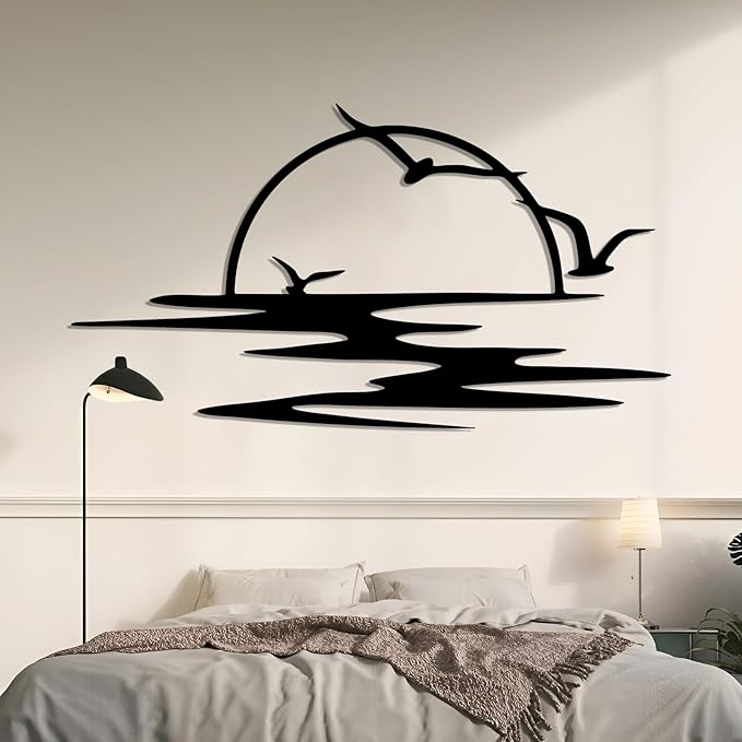 Sunrise Metal Wall Art, Seagulls Sunset Metal Wall Decor, Minimalist Sunshine Line Wall Art, Abstract Sunset Wall Decor, Sunburst Wall Hanging for Living Room (White, 53"x29"/135x73cm)