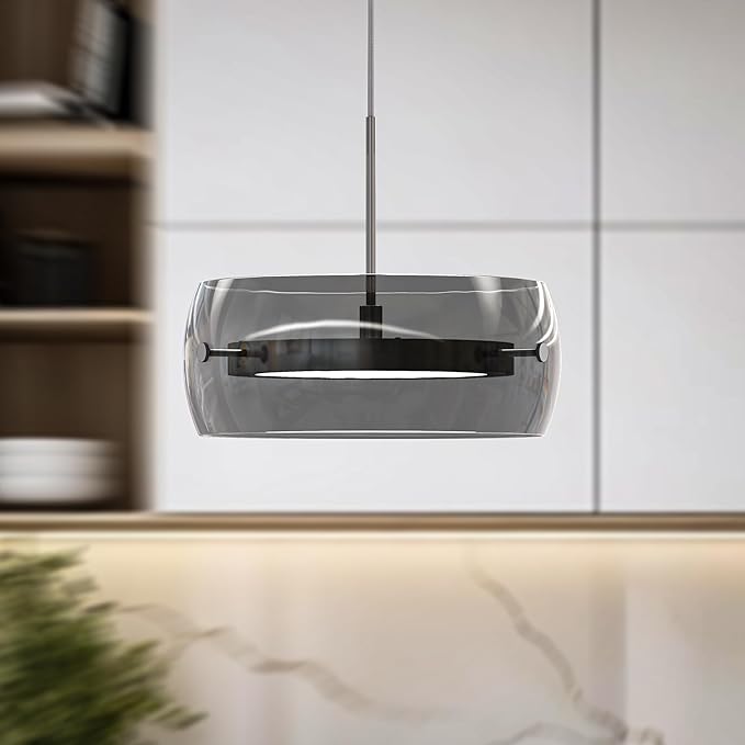 Pendant Lights Kitchen Island Dual-Sided LED Lighting, Adjustable Hanging Length, Smoked Glass Shade, Dimmable, Modern Ceiling Light Fixture for Dining Room, Bar, Living Room, Chrome Silver