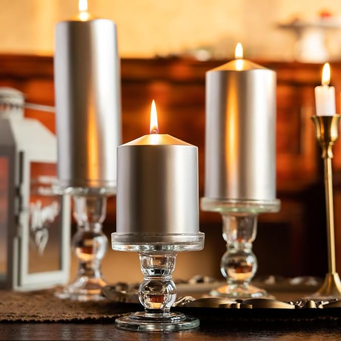 MOZEAL 3" x 4" Hand-Poured Unscented Silver Pillar Candles,Dripless Candles Set of 3,Smokeless,Clean Burning,Approx 60 Hours Burn Time,Wedding,Dinner,Christmas and Home Decor（3 Inch Width Series）