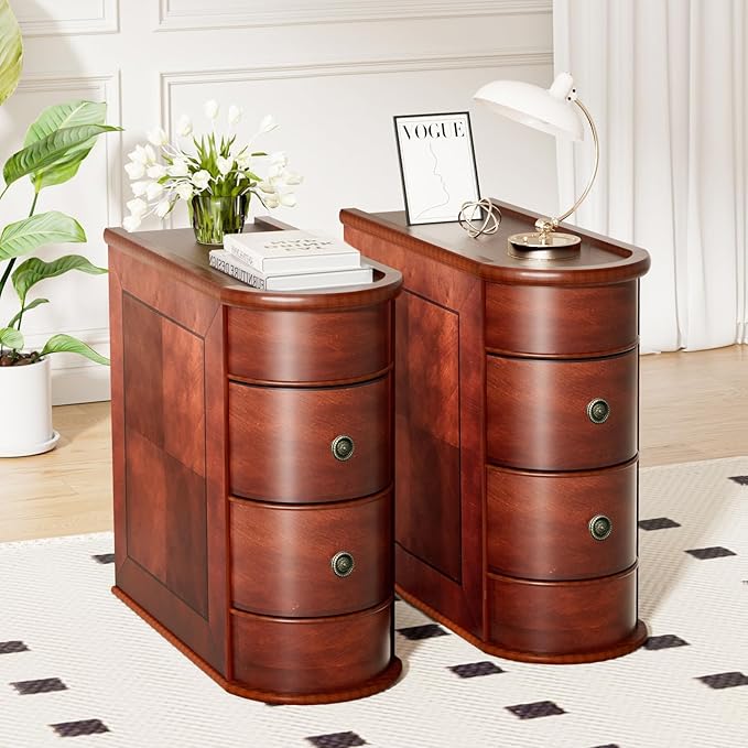 ROOMTEC Solid Wood End Table,Narrow Side Table with 2 Drawers,No Assembly,Slim Chair Side Table, Finished Back,Vintage Wood Narrow Sofa Side Table for Living Room Bedroom(2 Pack)