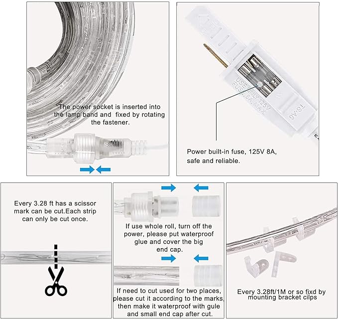 SURNIE Rope Lights Outdoor Waterproof Daylight White: LED 100FT Cuttable Outside Bright 110V Lighting 6000K Connectable Flexible Cool Clear Tube, Indoor Deck Patio Xmas Camping Decor, Not Flat Strip