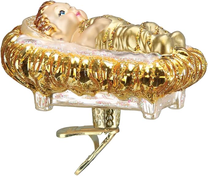 Old World Christmas Baby Jesus in Manger Glass Blown Ornament for Christmas Tree, Handcrafted Holiday Decoration, Religion Collection