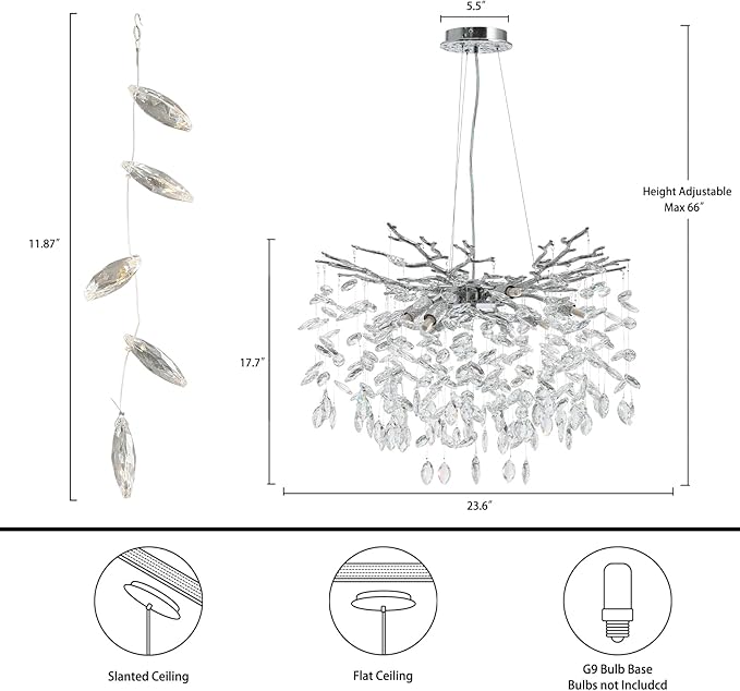 Modern Crystal Chandelier, 23.6" Silver Tree Branch Chandelier, 8-Lights Round Contemporary Luxury Raindrop K9 Crystal Pendant Light Fixture for Dining Room Living Room Foyer Entryway Bedroom Kitchen