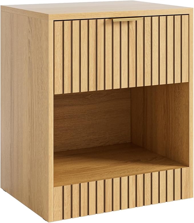 Tall Nightstand Extra Large Nightstand, Modern Night Stand, Bedside Table with Drawer and Open Shelf, Cube Design, Side Table for Bedroom, Living Room, Oak